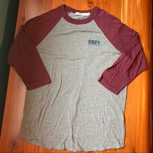 Obey gray and maroon 3/4 sleeve baseball T